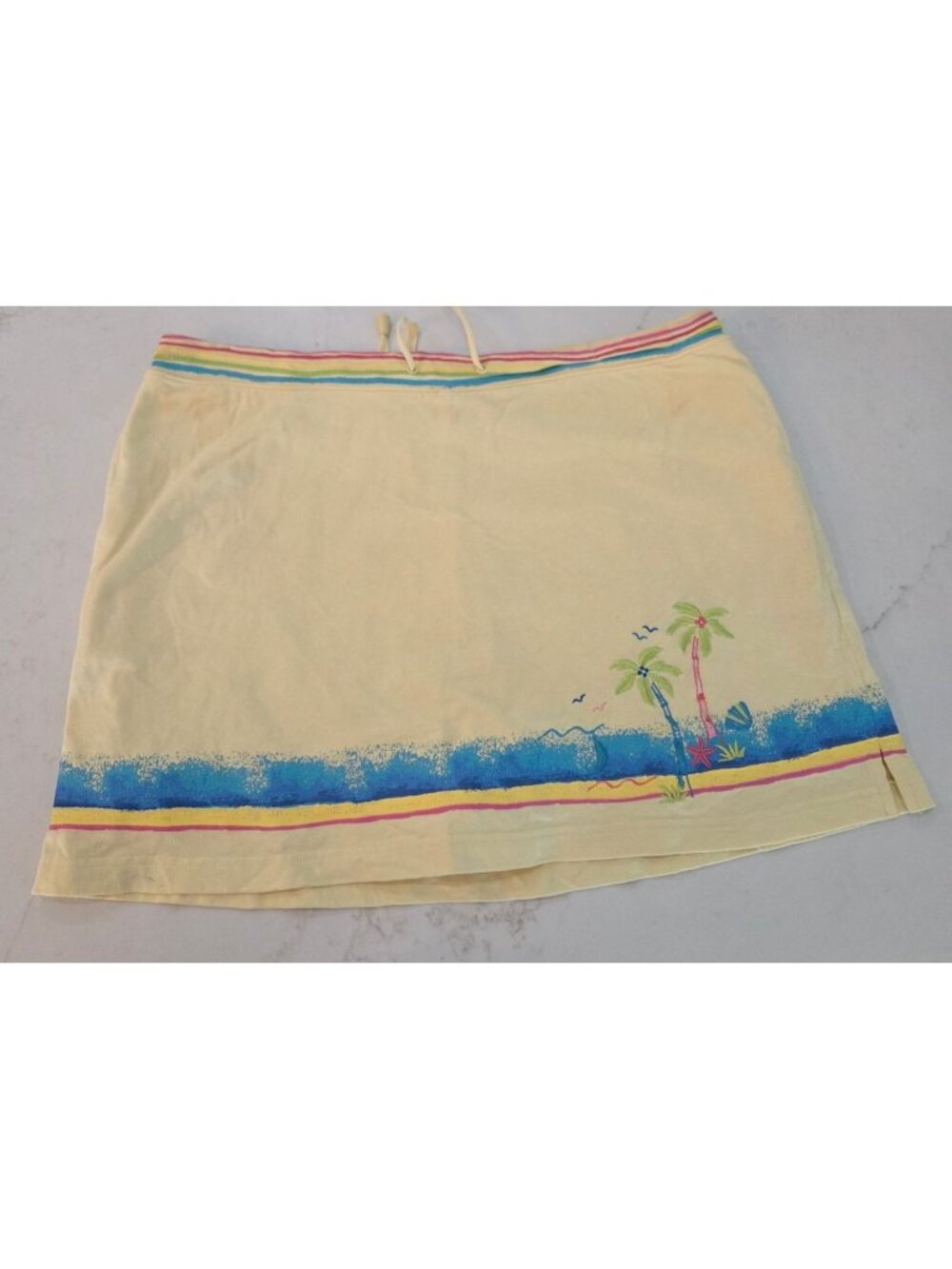 Vintage Y2K Skort Sz L Yellow Hand Painted Embroidered Palm Tree Drawstring